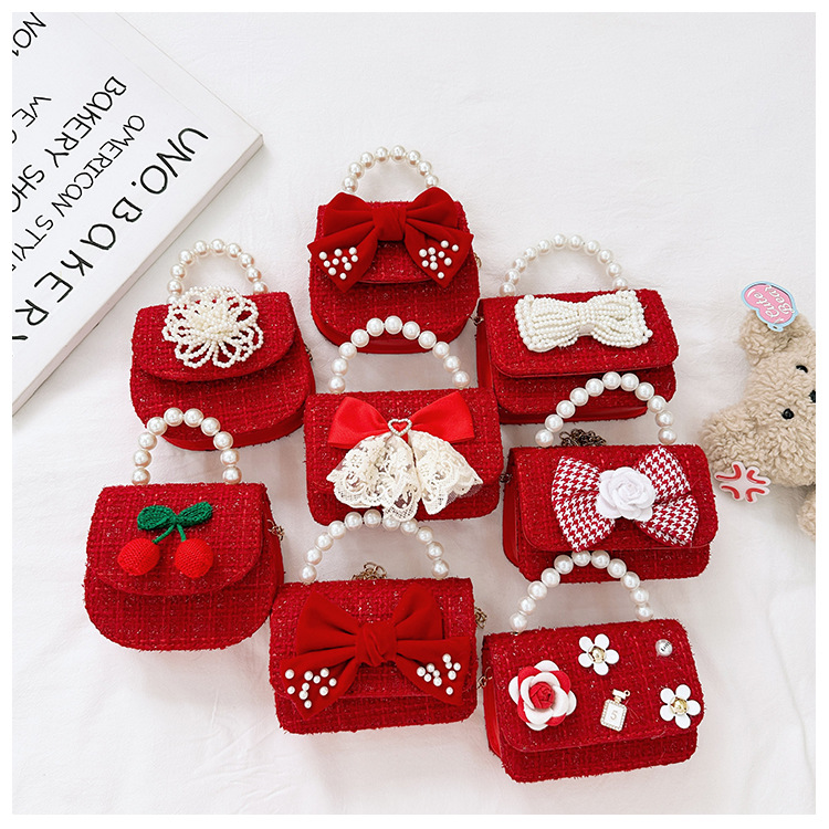 Women's Cotton And Linen Plaid Cherry Bow Knot Cute Beading Pearls Shell Flip Cover Crossbody Bag display picture 16