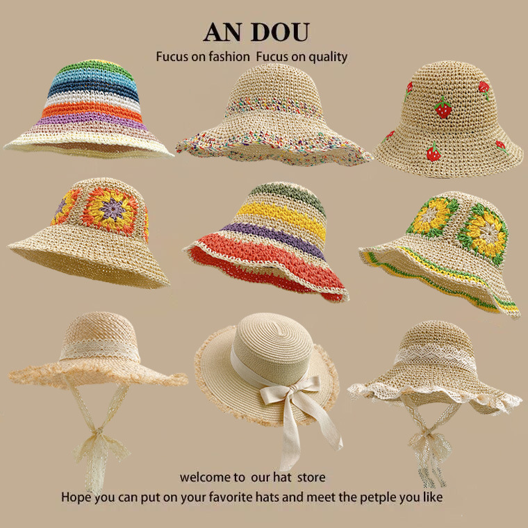 Spring and Summer Korean Version Sweet and Versatile Woven Grass Hat for Women Beach Sunshade Sun Protection Fisherman Hat with Wide Brim Shows Small Face Bucket Hat Trendy