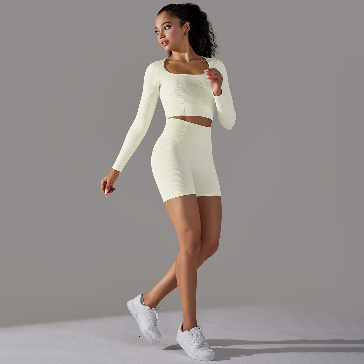 Transfronterizo europeo y americano de punto sin costuras de color sólido Polka Dot alto elástico apretado transpirable ropa de yoga traje de correr fitness traje de dos piezas