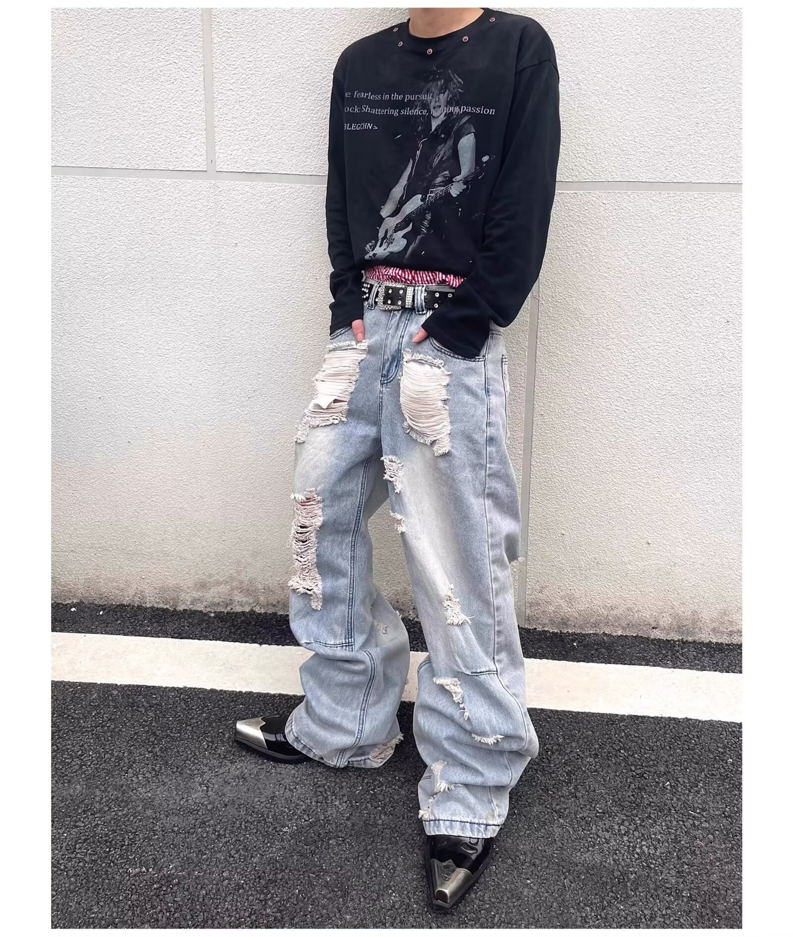 Men's American High Street Style Washed Ripped Jeans Loose Straight Leg Casual Edgy Slightly Flared Blue Mid Waist Zipper Fly_mkmklike.com