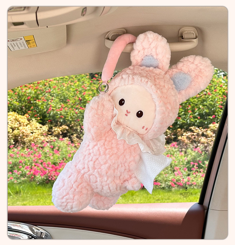 Cartoon Car Tissue Box Plush Doll Car Multifunctional Tissue Hanging Bag Cute Bunny Car Tissue Box