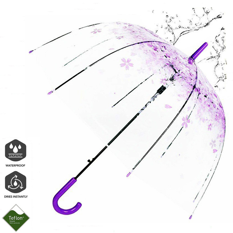 Trendy Fresh Arched Princess Cherry Blossom Transparent Umbrella Straight Pole Long Handle Apollo Large Transparent Umbrella Manufacturer Wholesale
