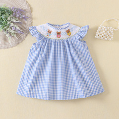 Summer Thin Girl's Skirt, Korean Style Sleeveless Checkered Dress with Cute Bear Embroidery, Heavy Work Ruffle Princess Dress, Cotton