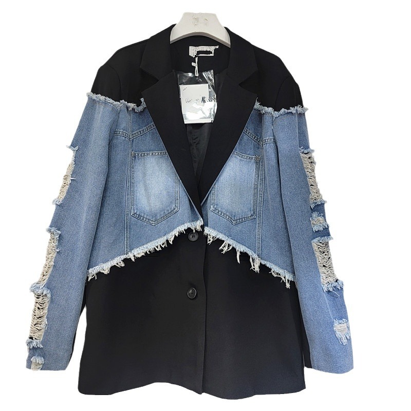 Saco de Mezclilla Estilo Blazer para Mujer de Mezclilla Colores en Contraste y Corte Holgado para Otoño
