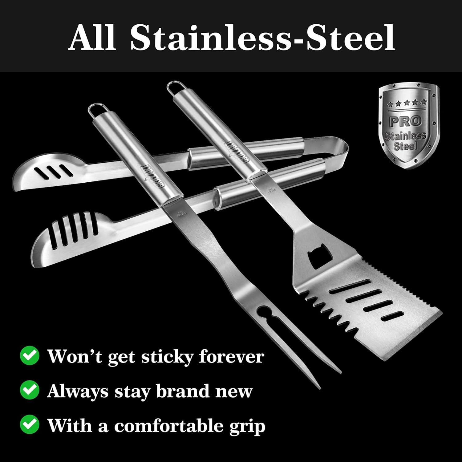 Amazon venta caliente punto de fábrica acero inoxidable mango de tubo grande barbacoa herramienta portátil horquilla pinza combinación utensilios para hornear al aire libre