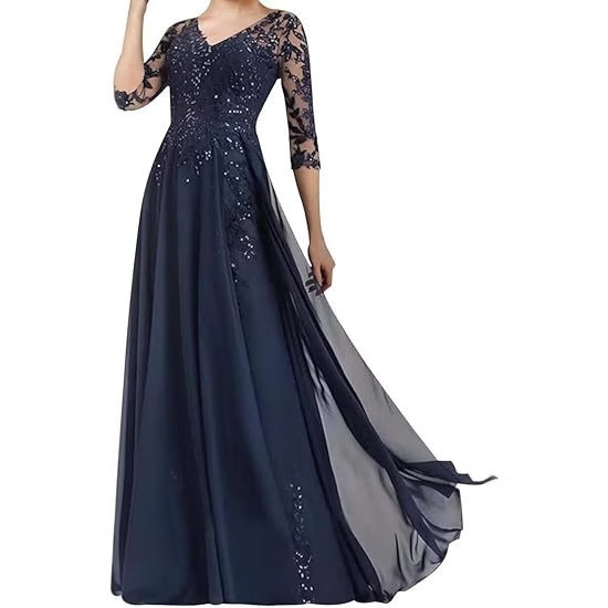 European and American Foreign Trade plus size Evening Dress with Sleeve V-neck Party Slim-fit Belly Covering dress Wedding Dress for Pregnant Women