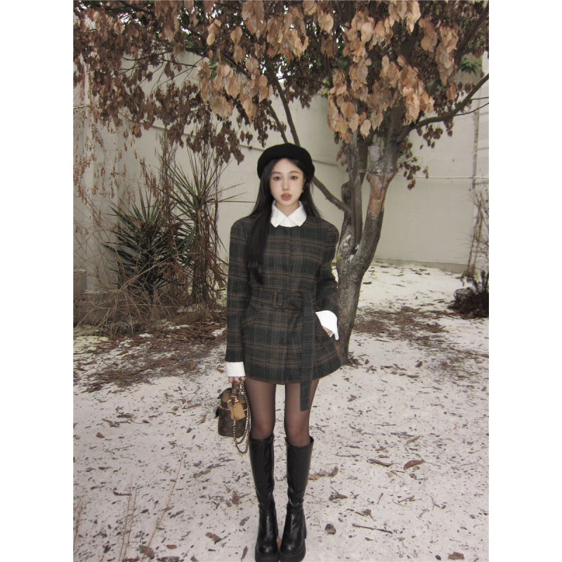 熹凤梨辣妹假两件拼接格纹毛呢外套女秋季复古收腰中长款呢子大衣