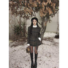熹凤梨辣妹假两件拼接格纹毛呢外套女秋季复古收腰中长款呢子大衣