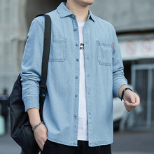 2024秋季新款美式复古牛仔衬衫男士休闲宽松大码工装衬衣纯色外套