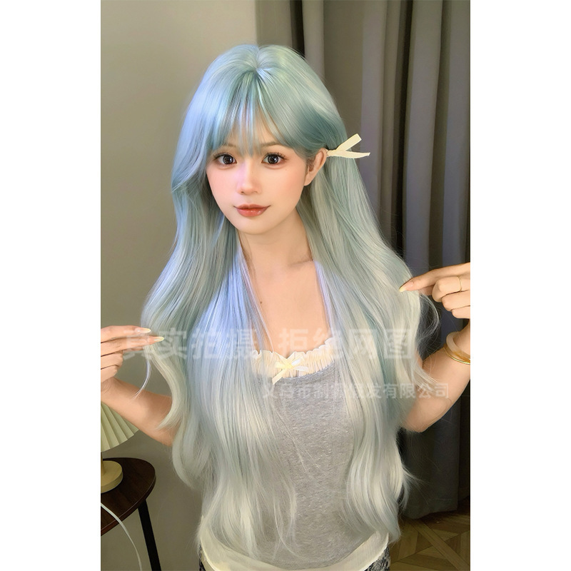 ロング巻き毛のウィッグ、ライトブルーのグラデーション、甘くてかわいい、大きなウェーブ、雰囲気、ネットセレブファッション、フルヘッドギア、外国貿易|undefined