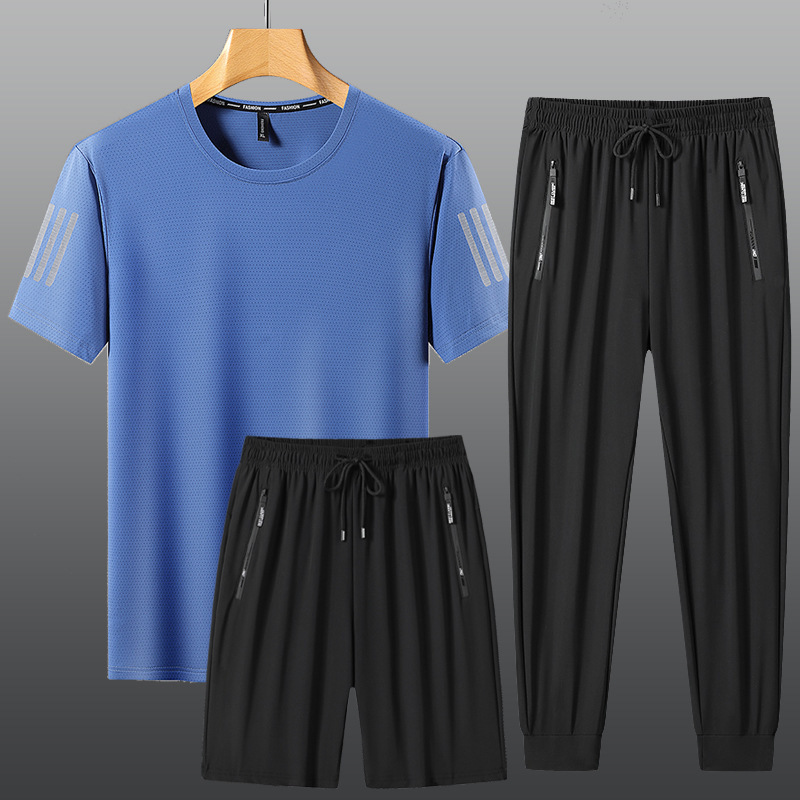 Ice Silk Sports plus size Three-piece Set Men's Summer Fertilizer plus size Loose Thin Sports Casual Trousers Short-sleeve suit