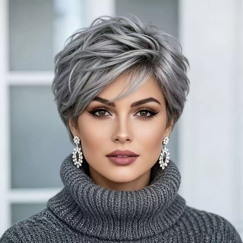 Cross-border best-selling short curly hair wig for women, European and American fashion, silver-gray short synthetic hairpiece for middle-aged and elderly women, suitable for daily use Cross-border best-selling short curly hair wig for women, European and American fashion, silver-gray short synthetic hairpiece for middle-aged and elderly women, suitable for daily use