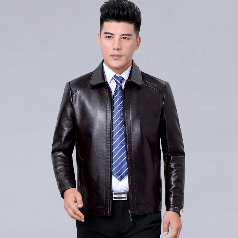 Haining Imitation Sheep Leather Jacket Men's Soft Leather Jacket Middle-Aged and Elderly Spring & Fall Thin Motorcycle Jacket Dad Wear
