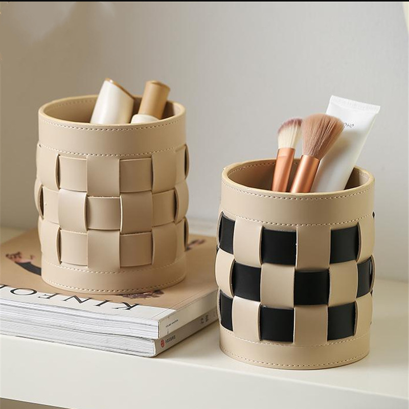 Light Luxury Leather Stationery Storage Bucket Desktop Pen Holder Ornaments Sundries Makeup Brush Remote Control Storage Box Ornaments