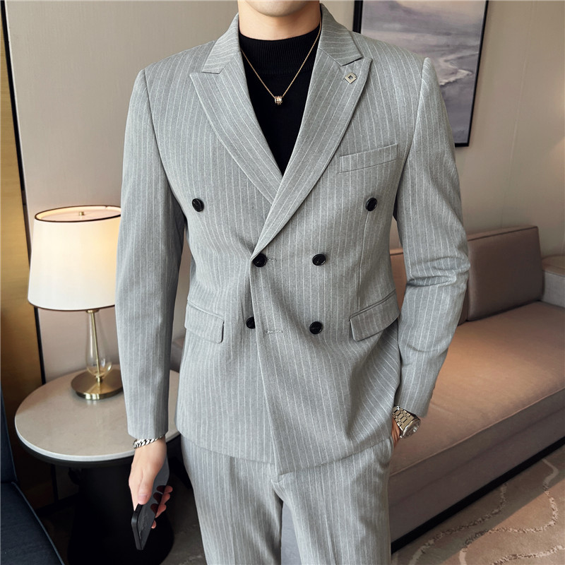 新郎结婚西服男套装礼服英伦西装两件套韩版条纹商务休闲职业正装