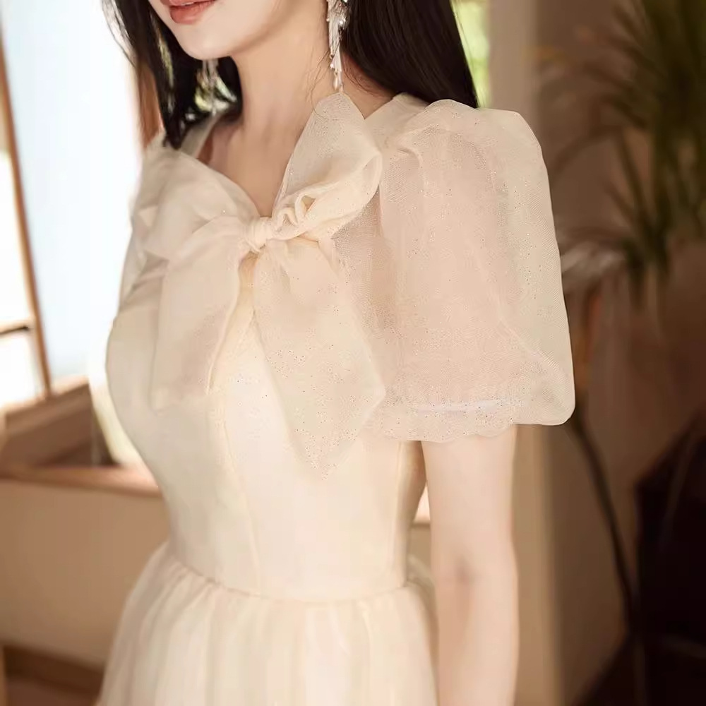 Đầm maxi nữ thắt eo kiểu Pháp, chất vải gạc nhẹ, phù hợp dự tiệc, lễ tốt nghiệp, lễ trưởng thành — Màu sâm panh, Màu trắng be, Màu xanh lam nhạt, Nhấp nháy nhẹ, hãy cẩn thận