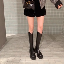 牛皮版葡萄ma同款真皮显瘦V口长靴女厚底高筒靴子加绒显瘦骑士靴