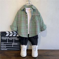 Boys' Spring and Autumn Shirt, Medium and Small Children's Checkered Blouse, Children's Fashion, Cute Baby Long-Sleeved Cotton Top, Thin Jacket, Trendy