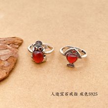 轻奢S925纯银貔貅金蟾戒指复古小众泰银镶嵌石榴石食指活口银戒指