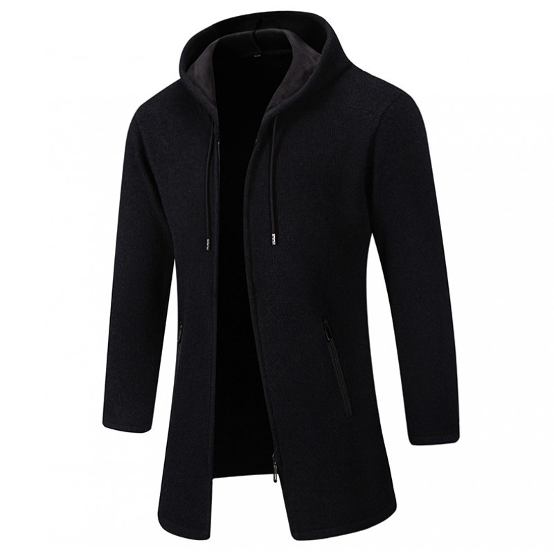 Autumn and Winter Coat Men's Knitted Sweater Cardigan fleece-lined Thickened Hooded Loose Casual Mid-length Jacket Coat