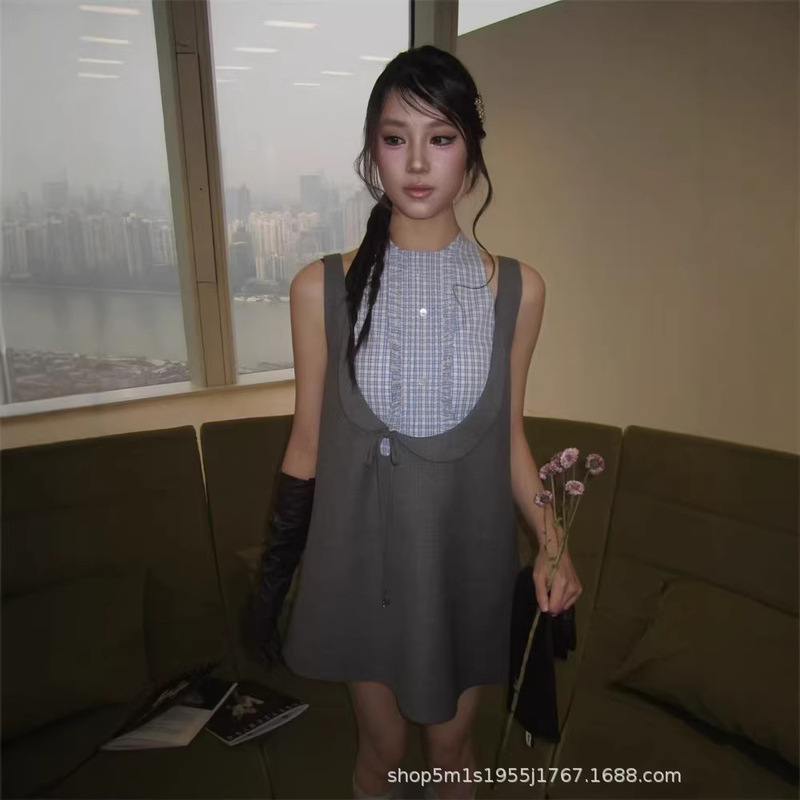 2026 Spring New Product Blue Plaid Patchwork U-Neck Doll A-Line Skirt Slim Fit Sleeveless Tank Dress