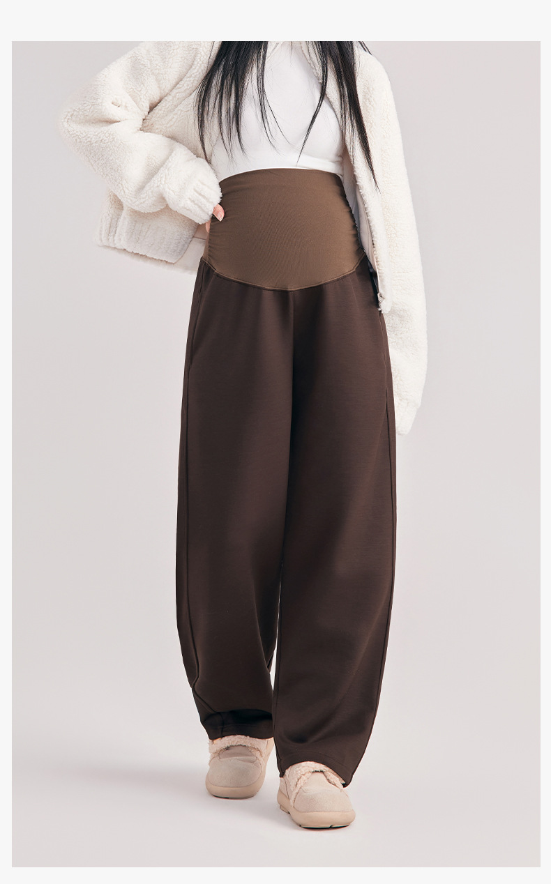 Umstandshosen für Herbst und Winter, hoch geschnitten, mit weitem Bein, gerade geschnitten, dick und warm, für schwangere Frauen, Freizeit-Hosen. – Detail 9