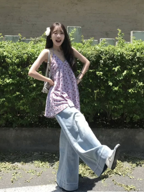 美式复古浅蓝色高腰阔腿牛仔裤女夏季薄款小个子宽松显瘦直筒长裤|undefined