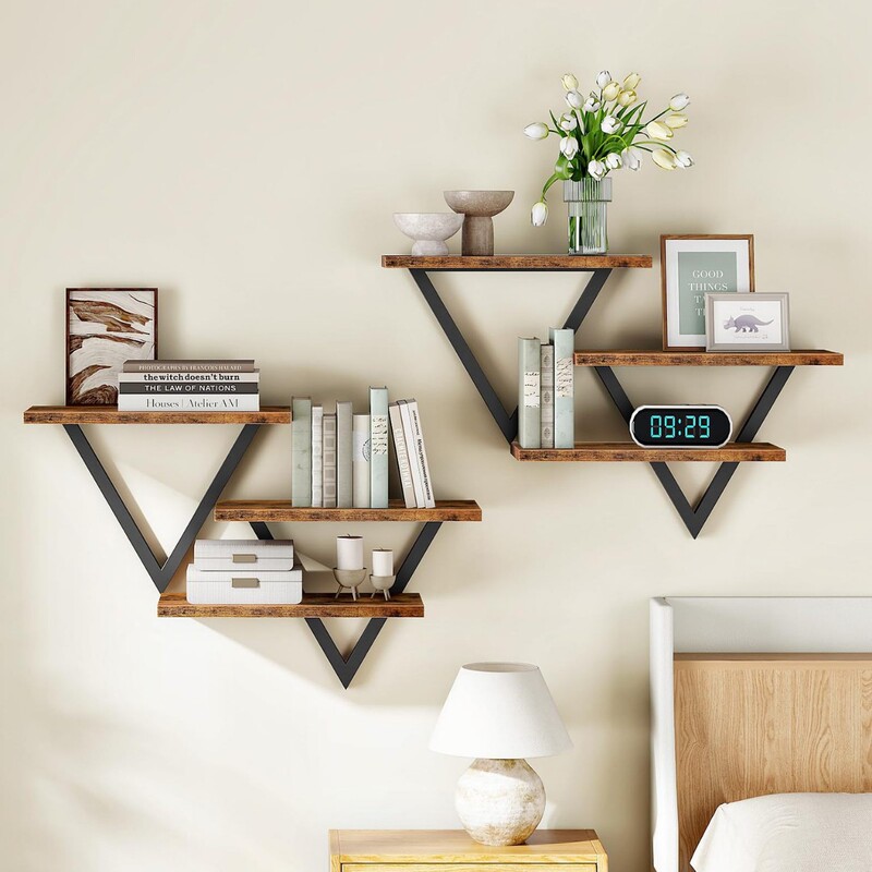 Cross-Border New Model Iron-Wood Triangular Wall-Mounted Partition Shelf for Bedroom and Living Room, Double-Layer Multifunctional Decorative Shelf for Wall Hanging