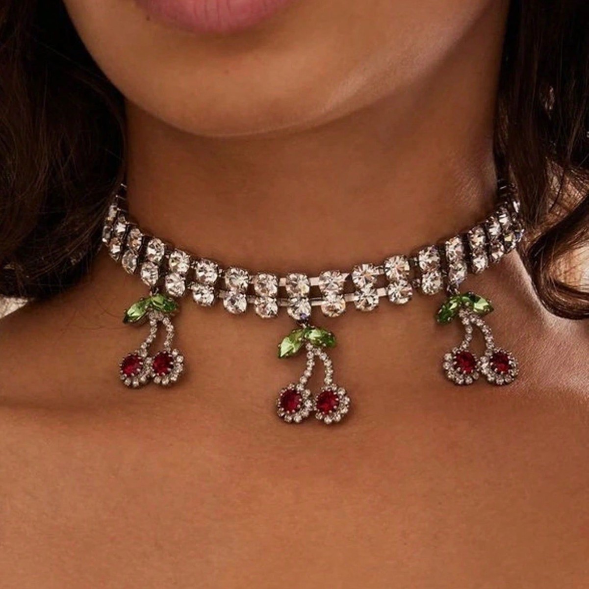 fashion sweet cherry pastoral style necklace shiny rhinestone simple versatile trend necklace women_voghion.com