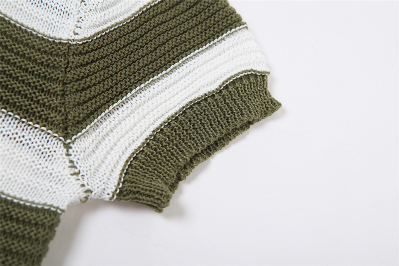 Women Clothing Autumn Polo Collar Short Sleeve Striped Color Matching Knitted Short Slim Hip Skirt Set