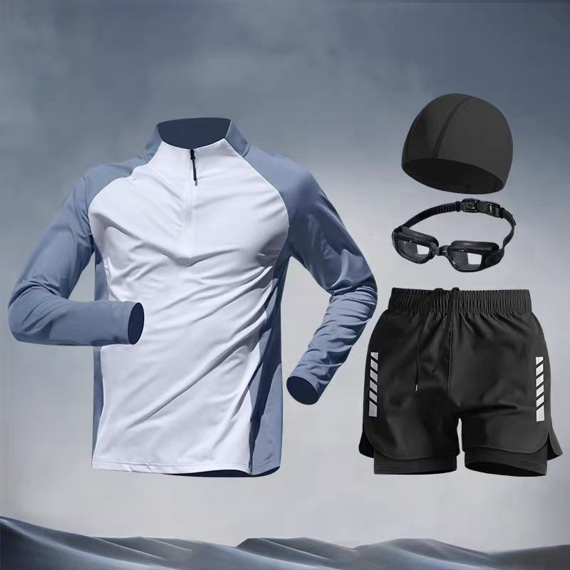 Men's Adult Sun Protection Swimsuit Set, Long-Sleeved Swimming Top, Loose-Fitting Youth Swim Trunks for Water Parks, Anti-Embarrassment Swim Shorts