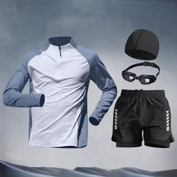 Men's Adult Sun Protection Swimsuit Set, Long-Sleeved Swimming Top, Loose-Fitting Youth Swim Trunks for Water Parks, Anti-Embarrassment Swim Shorts