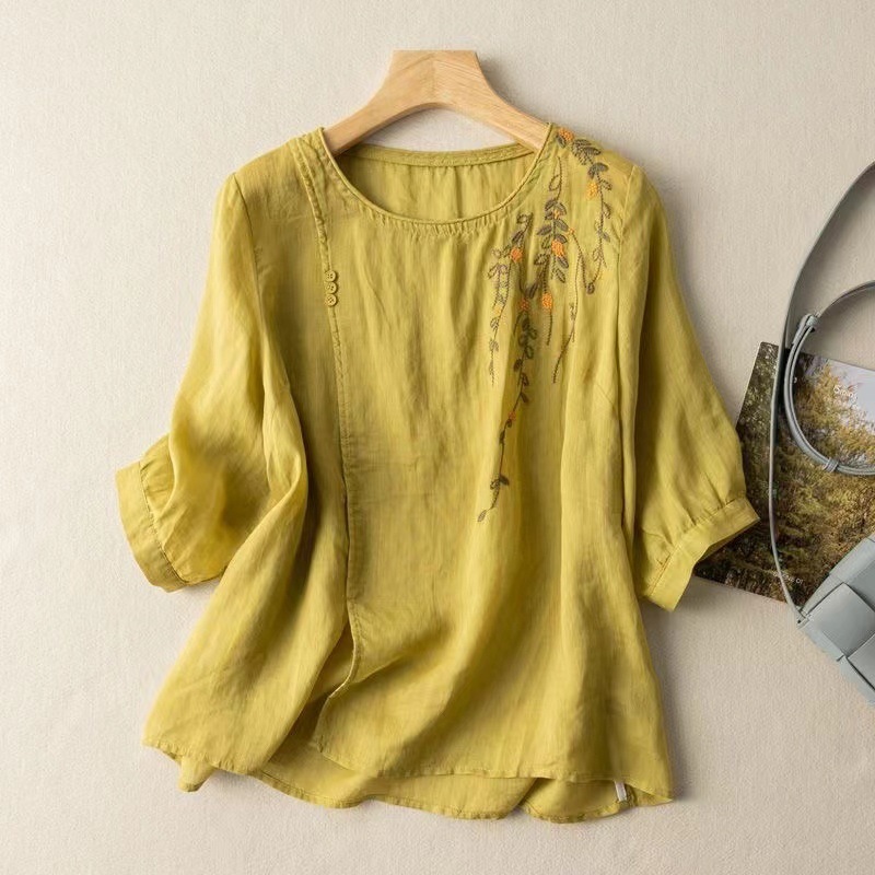 綿とリネンの半袖シャツ女性の夏薄い女性の中国風ラミートップ刺繍リネンシャツストレートヘア直販|undefined