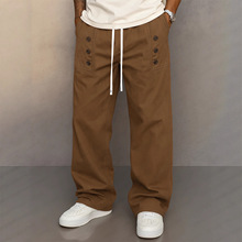 （现货）亚马逊欧美跨境男装夏季棉麻美式休闲宽松直筒纽扣长裤