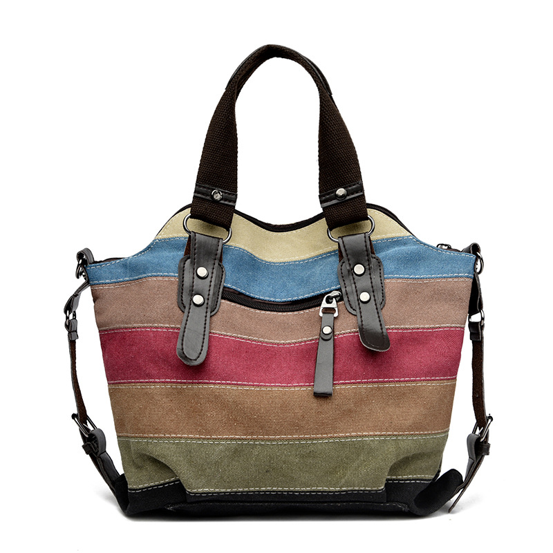 Cross-Border New Canvas Casual Retro Fashion Academic Style Large Capacity Women's Shoulder And Crossbody Contrast Patchwork Bag - Thumbnail 4