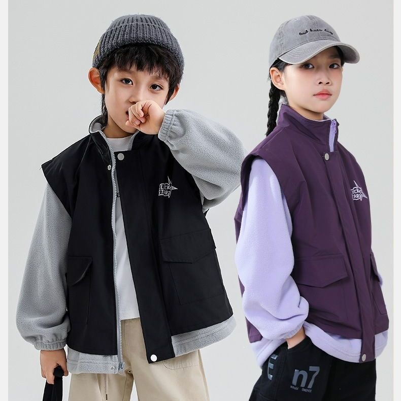 New thickened sports three-in-one windproof jacket for older children, autumn and winter, trendy with fleece lining and patchwork design