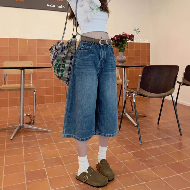 Summer New American Retro Style Women's Camouflage Cropped Jeans, Loose Casual Versatile Wide-Leg Shorts with Large Pockets
