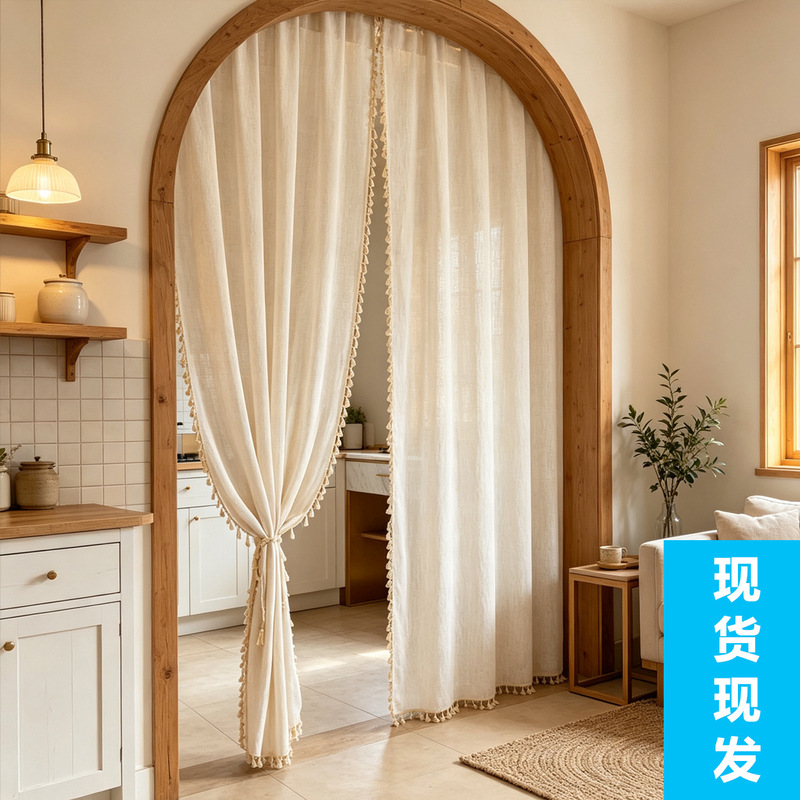 temu foreign trade ready-made curtains with tassels and lace, plain linen gauze door curtain, short curtain, shein cross-border hot sale