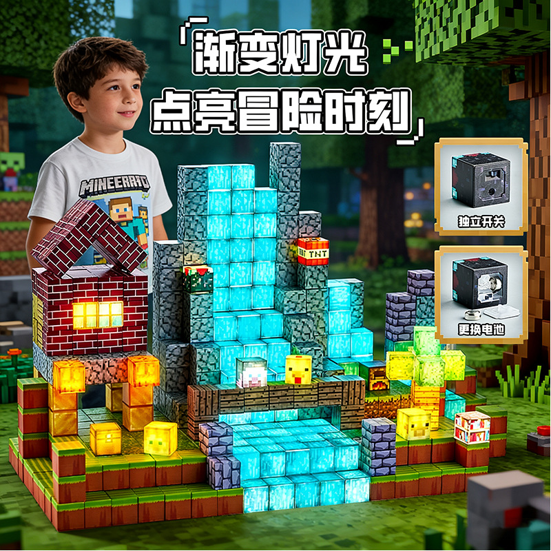 世界DIY拼装场景磁吸搭建儿童玩具新款我的渐变灯光磁力方块