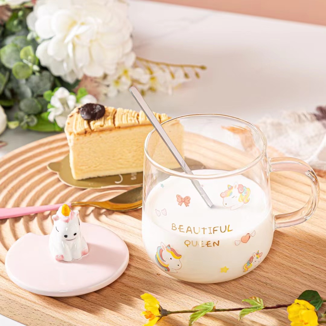 Personalidad creativa dibujos animados unicornio 3D tridimensional Taza de cerámica con tapa cuchara chica corazón taza de café taza de oficina