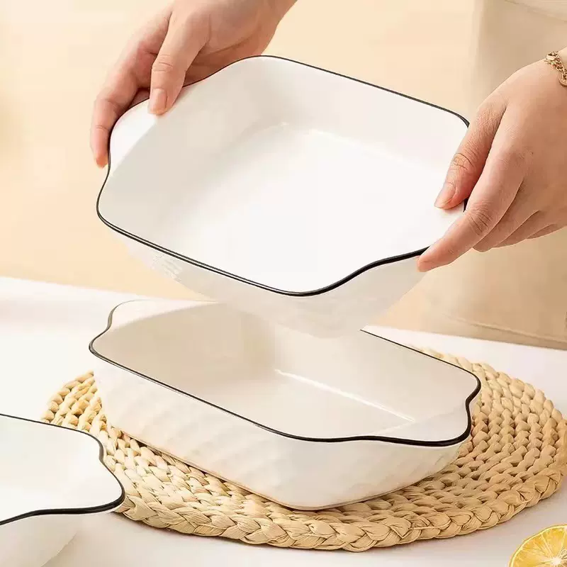 釉下彩日式10.5寸双耳烤盘陶瓷盘长方形盘子芝士焗饭盘烤碗家用菜