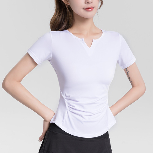 Women's Yoga Wear: Summer Short-Sleeve V-Neck Tight-Fitting Quick-Dry T-Shirt – Professional Black Fitness Apparel with a Bare-Minimalist Feel for Running and Workout Adventures
