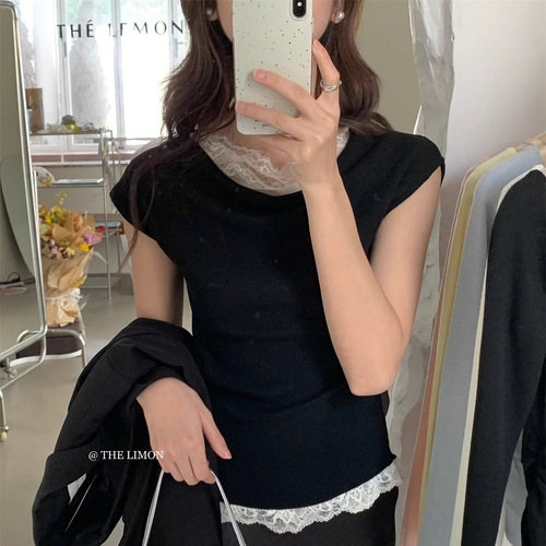 2025 Summer New Chic French Elegant Style Lace Splice Swing Collar Knit Women's One-Shoulder Top