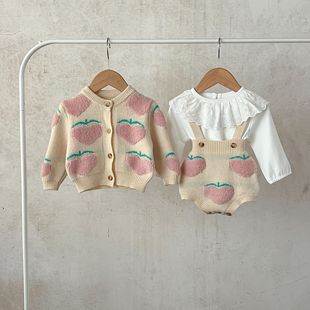 ins Korean style boys and girls baby sweater autumn and winter two-piece cotton peach embroidered cardigan + suspender pants suit