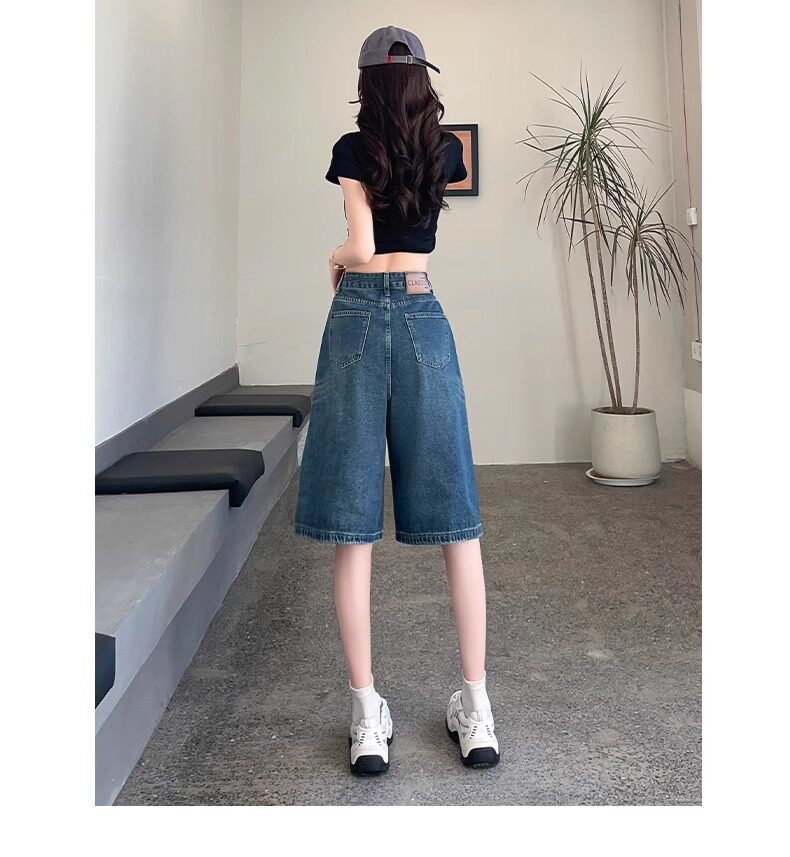 Quần short jean nữ lưng cao 5 phân kiểu Mỹ dáng suông rộng — Màu xanh - Quần lửng chi tiết 15