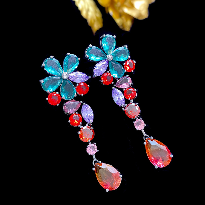 Holiday, Daily Occasion 1 Pair Exaggerated Flower Inlay 925 Sterling Silver Copper Zircon Drop Earrings
