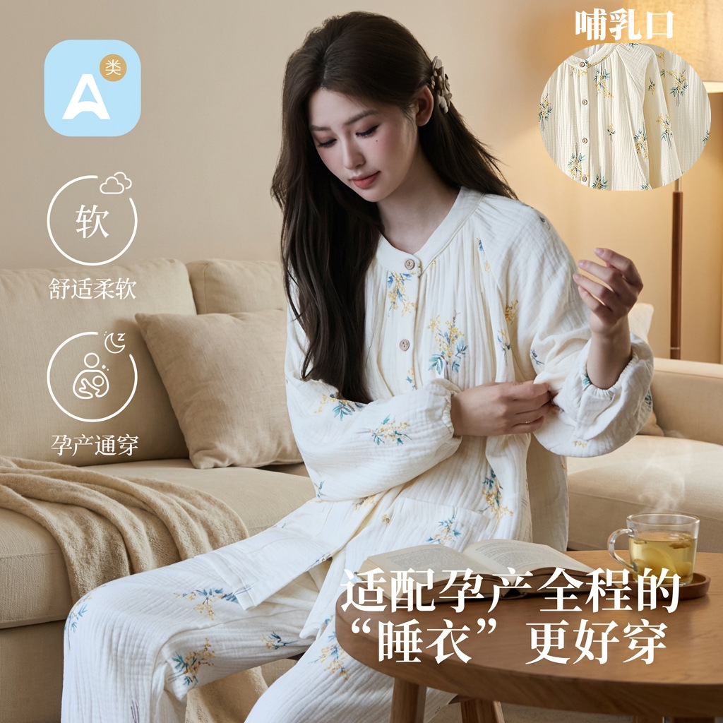 Cotton Four-Layer Gauze Pregnant Women's Pajamas Spring, Autumn and Winter Thickened Moon Clothing Cotton Home Clothing for Pregnancy and Postpartum Breastfeeding