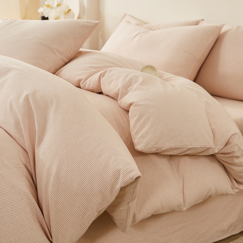 Simple and Luxurious Pure Cotton Four-Piece Set, All-Cotton Yarn-Dyed Washed Cotton Duvet Cover, Bed Sheet, Dormitory Fitted Sheet, Three-Piece Bedding Set