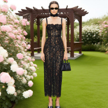 黑色蕾丝吊带礼服透视修身连衣裙时尚派对裙性感轻奢高端女装