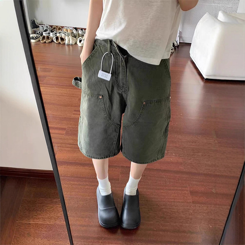 Vintage American-Style Workwear Denim Shorts for Women, Summer Plus-Size High-Waisted Slimming Straight Wide-Leg Knee-Length Shorts
